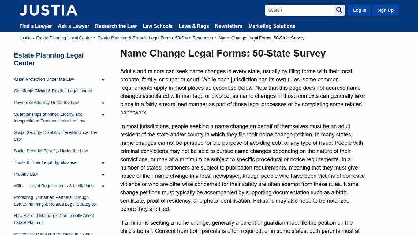 Name Change Legal Forms: 50-State Survey | Estate Planning Legal Center | Justia
